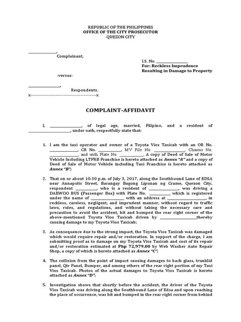 reckless imprudence resulting to physical injuries|Complaint Affidavit Damages For Reckless .